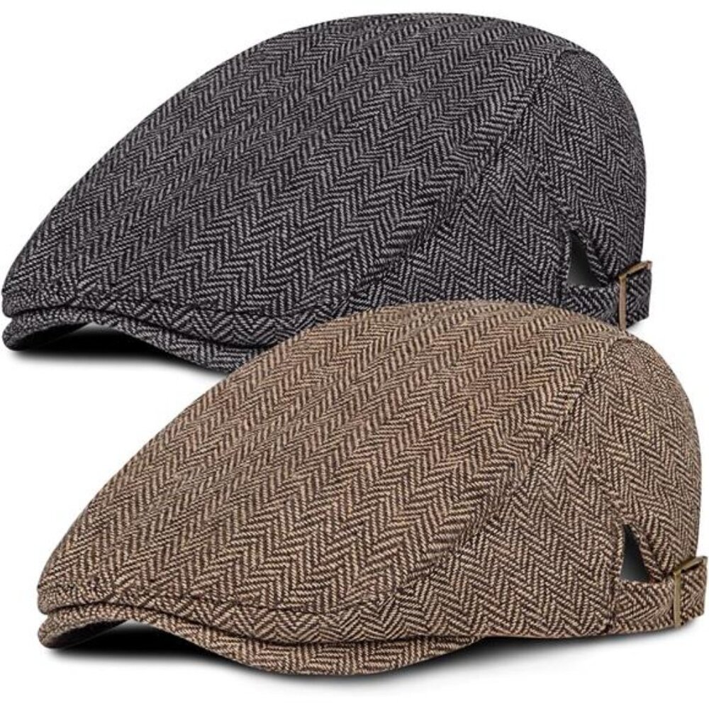 2 Pack Newsboy Hats for Men Classic Herringbone Tweed Wool Blend Flat